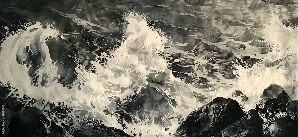 Chinese ink painting powerful ocean waves, black and white abstract ...