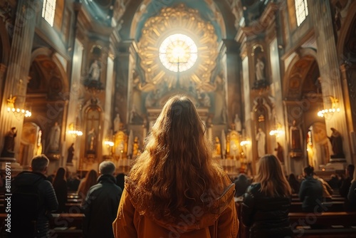 A woman observes the grandeur of church architecture  engrossed in the spiritual and historical significance