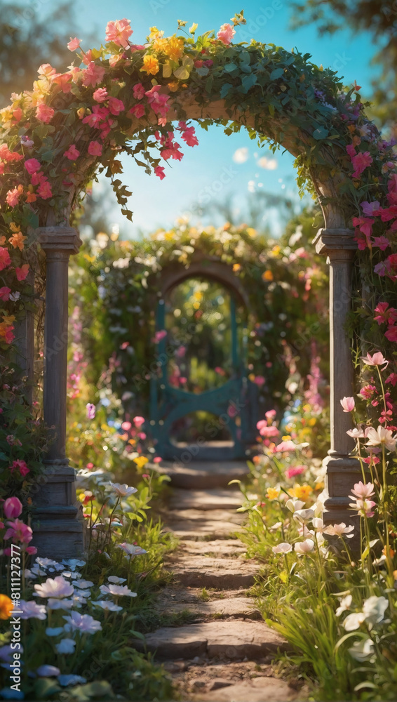 Whimsical Haven, Secret garden with floral arches in a digital painting.
