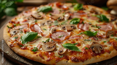 Photography of a mushroom and ham pizza on a wooden table with melted cheese and fresh basil leaves