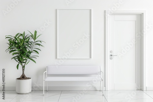 White wall with a white waiting room bench and door  a mockup poster frame in the style of a modern hospital interior background