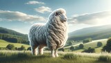 Majestic sheep with thick wool standing in sunny meadow
