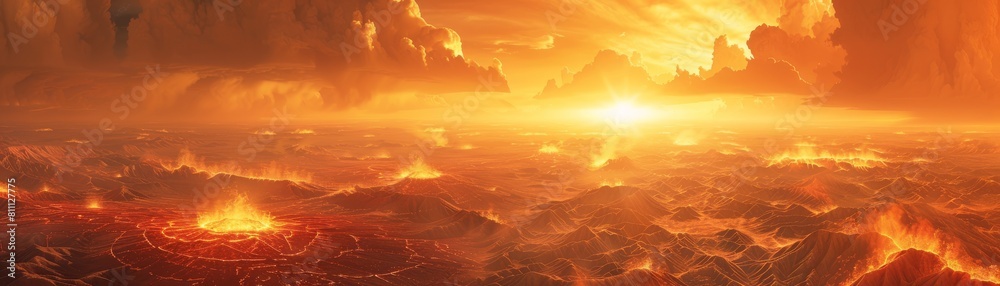 A fiery orange sky with a sun in the middle A fiery orange sky with a sun in the middle