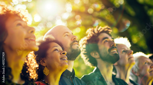 Diverse Group Praying Together Peacefully, Pentecost a Christian holiday, the descent of the Holy Spirit.