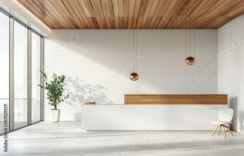 White wall with wood grain office reception desk and wooden ceiling. Interior design of business space concept and mock up template