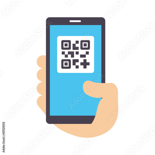 Hand holding smartphone scanning QR code to pay