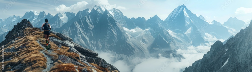 The image shows a person standing on a mountaintop, looking out at a vast mountain range