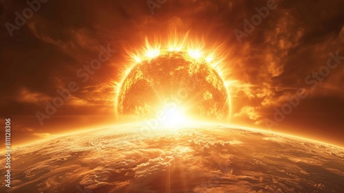 A bright orange sun is rising over a planet #811128306