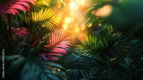 a unfocused realistic photo tropical summer seaside background with a bright and gold leafy background with shadows of pink  green  YELLOW style