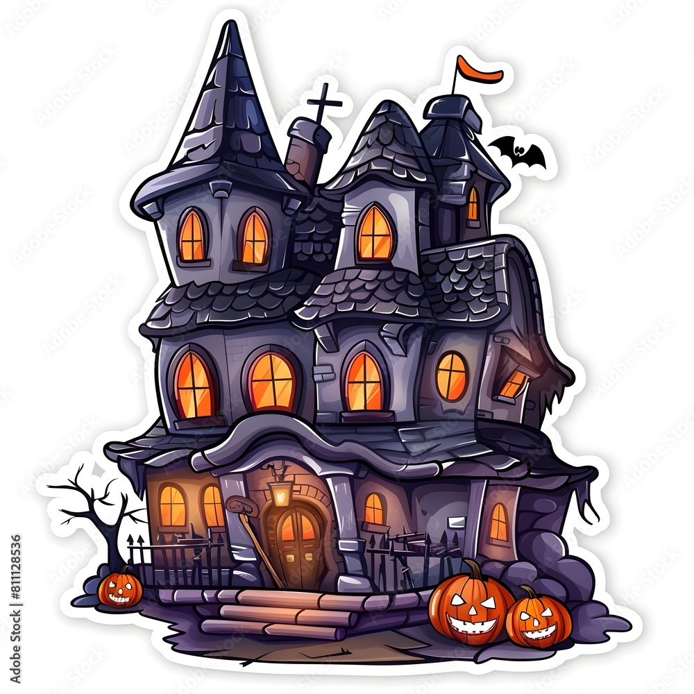 Adorable Halloween Haunted House Sticker Isolated on White Background Perfect for Decor
