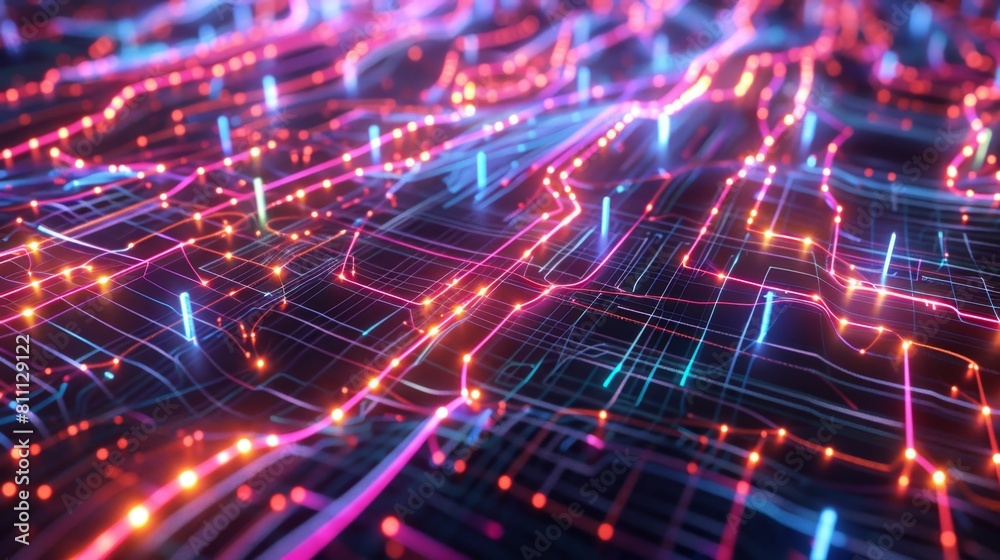 Dynamic digital illustration of vibrant pink and blue light waves undulating across a dark background, symbolizing data flow and connectivity. Dynamic digital illustration of vibrant pink and blue light waves undulating across a dark background, symbolizing data flow and connectivity.