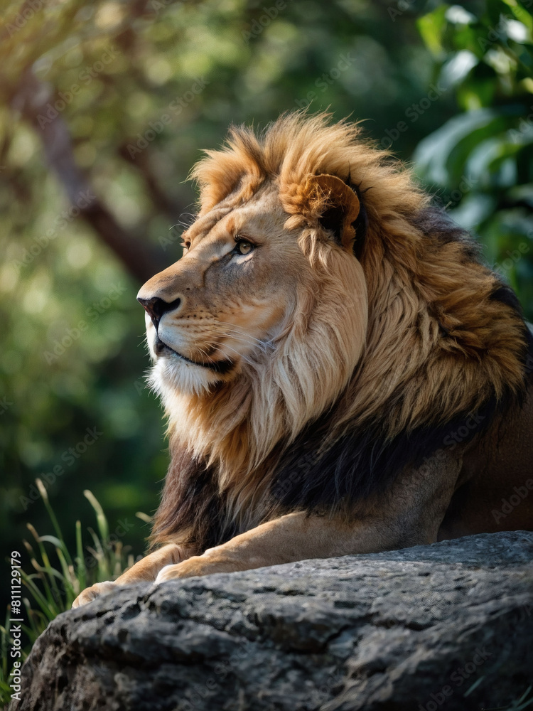 Wild Majesty, Lion Perched on Rock Surrounded by Green Trees, Nature's Grandeur Wild Majesty, Lion Perched on Rock Surrounded by Green Trees, Nature's Grandeur