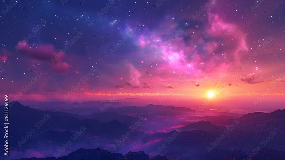 Fototapeta premium Breathtaking Twilight Landscape with Majestic Mountains and Vibrant Sky