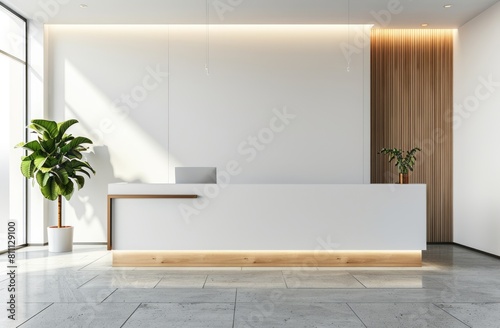 Modern office reception area with a sleek white wall adorned with wooden trim, featuring a contemporary reception desk at the forefront, creating a professional and inviting atmosphere