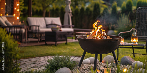 fire in a grill on the garden with deck chairs, copy space for a text banner background. Summer time concept. Barbeque party at home outdoors in the backyard photo