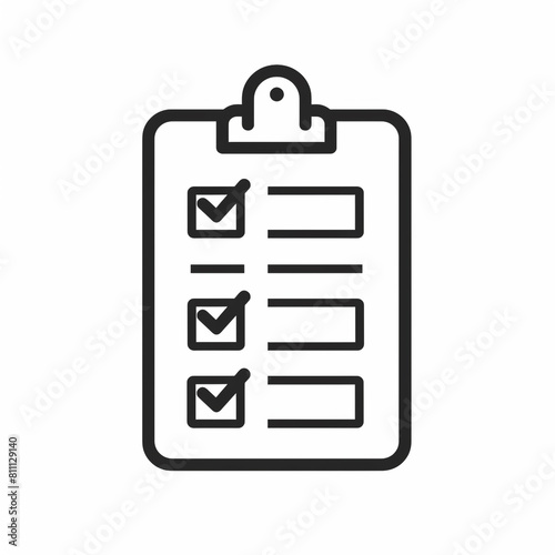 Outline icon of checklist using black line and minimal design. White background. © Aisyaqilumar