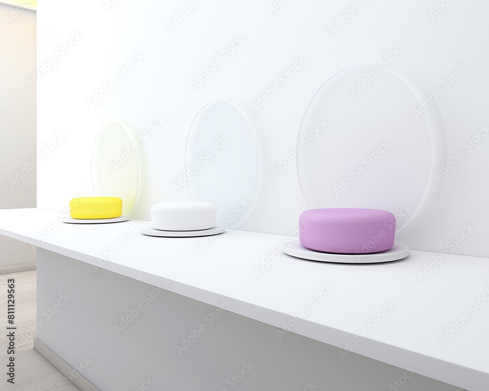 3d render of a white room with 3 podiums with pastel yellow, white and purple objects on them