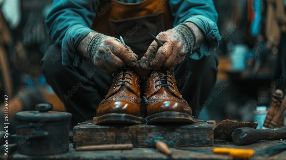 A close up of a shoe cobbler repairing a pair of shoes. A close up of a shoe cobbler repairing a pair of shoes.