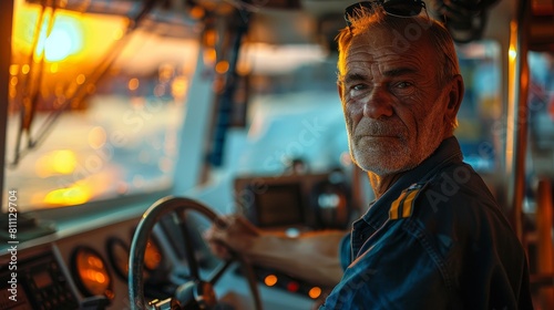 Senior ship captain piloting a vessel at sunset with navigational equipment photo