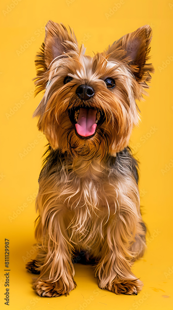 yorkshire dog on yellow background