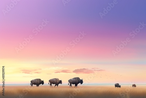 A herd of bison walking across the prairie at sunset.