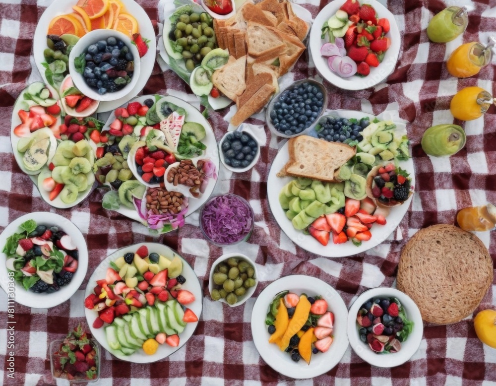 A picnic table is covered with a red and white checkered blanket A picnic table is covered with a red and white checkered blanket