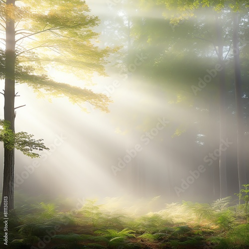 A misty forest with sun rays shining through the trees.