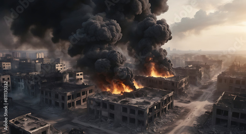 Black Smoke rising from the burning bombed destroyed buildings from wide far drone perspective in dusky environment, battle concept, missile
