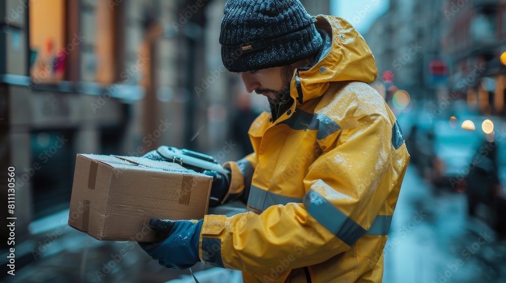Obraz premium Delivery man in yellow raincoat scanning a package on a snowy urban street