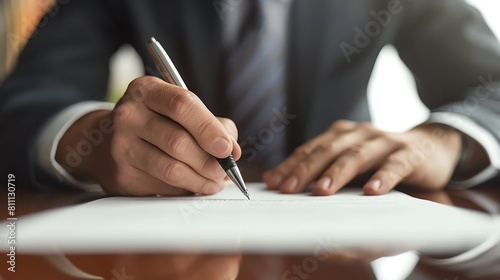 Closeup of a businessman in a suit signing important documents, focus on the pen and paper