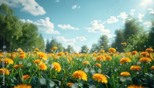 Meadow field with fresh grass and yellow dandelion flowers in nature  framed against a blurry blue sky filled with clouds in mid-summer.