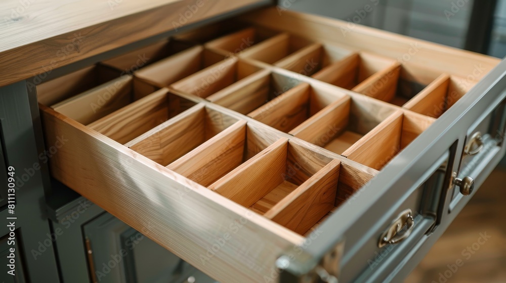 Modular wooden dividers inside an empty drawer, creating an organized and detailed space, beautifully captured in 16:9 Modular wooden dividers inside an empty drawer, creating an organized and detailed space, beautifully captured in 16:9