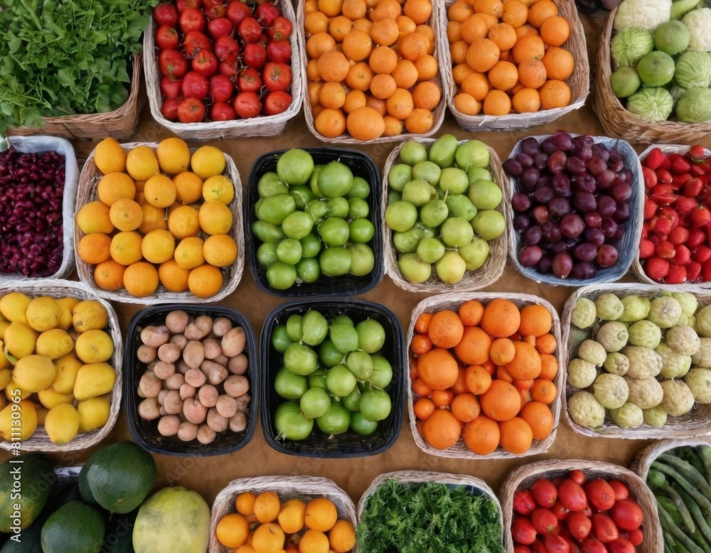 A colorful display of fruits and vegetables, including apples, oranges A colorful display of fruits and vegetables, including apples, oranges