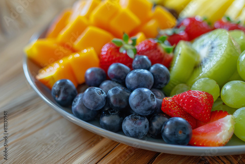 A plate of fruit on wooden background with copy space  healthy eating or nutrition-related concepts