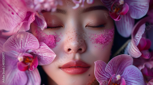 An asian woman portrait with orchid flowers over her head and on her face. Blue pastel colors. No face concept. photo