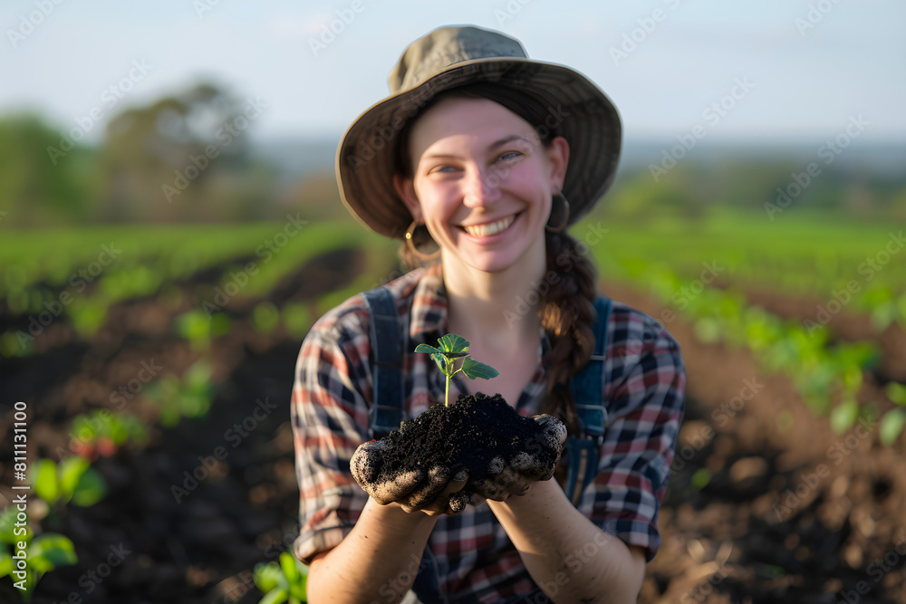 Fototapeta premium A female farmer happily hold pile of dirt with a green plant in it