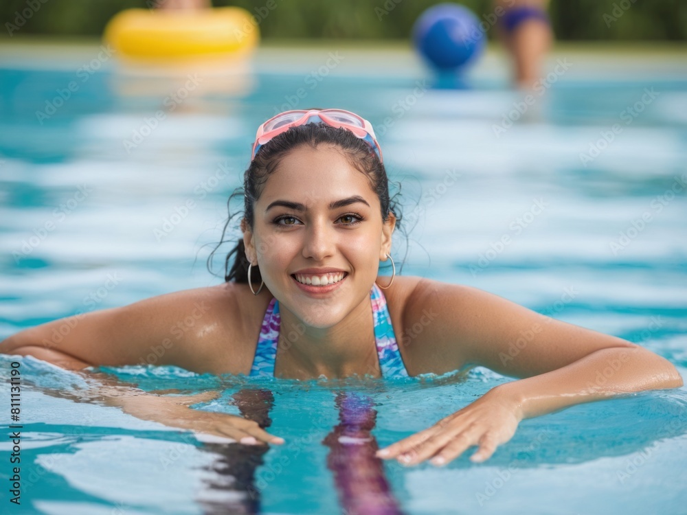 Φωτογραφία beautiful portrait  shot of Happy young hispanic woman having fun at the swimmin