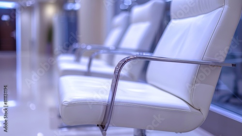 Modern medical facility chairs, close-up and isolated with studio lighting, emphasizing the sleek design details in the waiting area