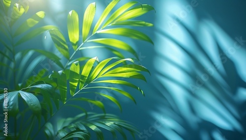 Summer background with blurred shadows from palm leaves on a light blue wall. Minimal abstract background for product presentations.