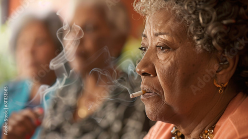Elderly woman smokes a cigarette while sitting in a room with two other women, smoking cessation support group