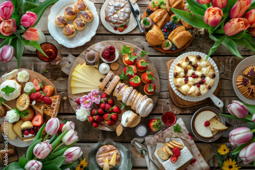 Brunch with a variety of food, including a large plate of fruit, bread and cheese on the table, party concept
