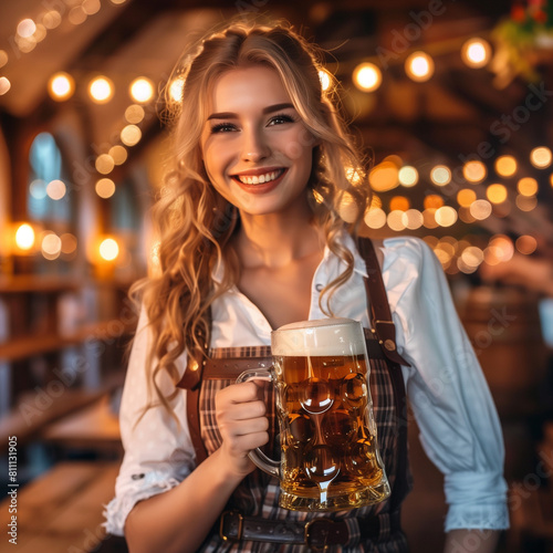 woman with beer in a bar