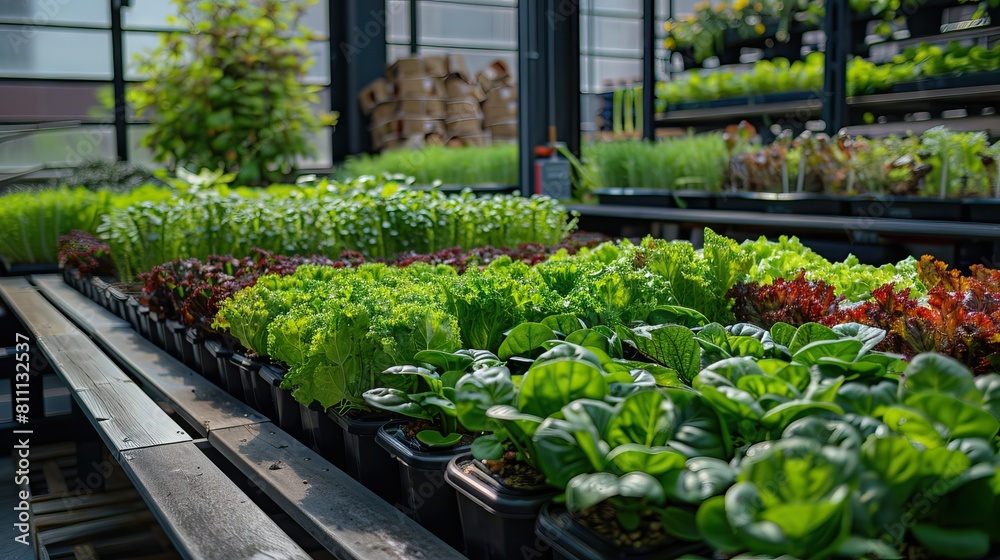 Beautiful organic Butterhead ,Mini Cos, green and red oak lettuce or Salad vegetable garden on the soil growing,Harvesting Agricultural Farming. AI generated illustration