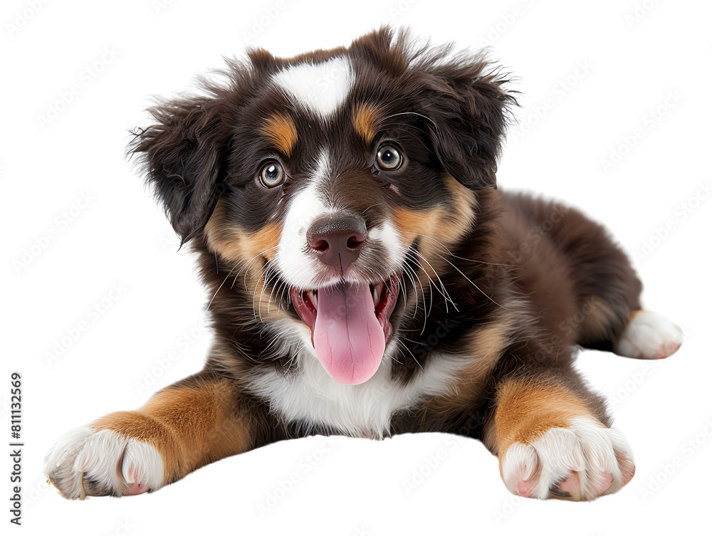 bernese mountain dog sitting in front of white background