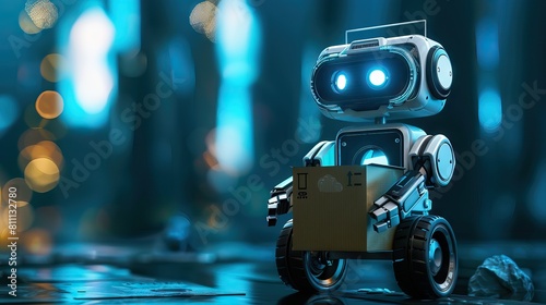 Cute robot collecting parcels isolated over purple background. Technology concept. 3d rendering. AI generated illustration