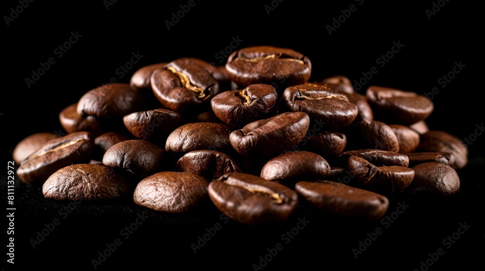 Naklejka premium Detailed studio shot of roasted coffee beans, emphasizing their polished sheen and deep brown color on an isolated background