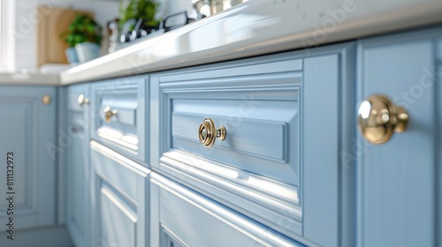 Detailed shot of pastel-colored vintage cabinet doors in a modern kitchen, emphasizing their craftsmanship, under perfect lighting
