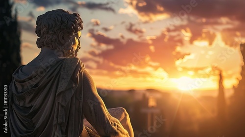 philosopher statue overlooking a sunset in ancient rome. AI generated illustration © Gulafshan