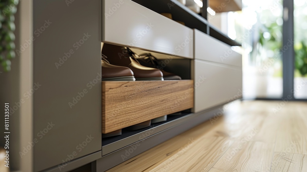 Detailed close-up of a modern shoe cabinet, highlighting its innovative design and features, captured in a studio setting Detailed close-up of a modern shoe cabinet, highlighting its innovative design and features, captured in a studio setting