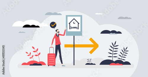 Booking a hotel and service to reserve accommodation tiny person concept. Bed and breakfast in hostel or apartment vector illustration. Planning stay and making reservation at holiday destination.